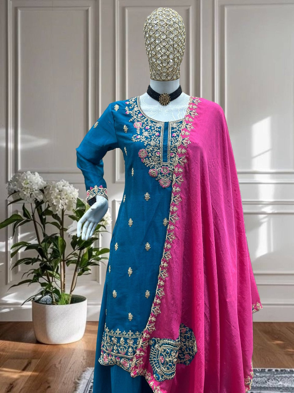 Nemesis Navy Blue Chinon Embroidery With Codding Work Suit Set