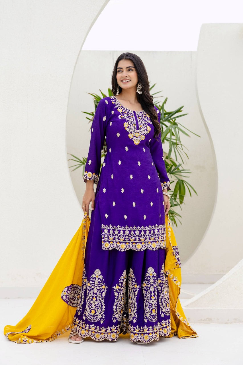 Lassitude Purple Chinon Embroidery With Codding Work Suit Set