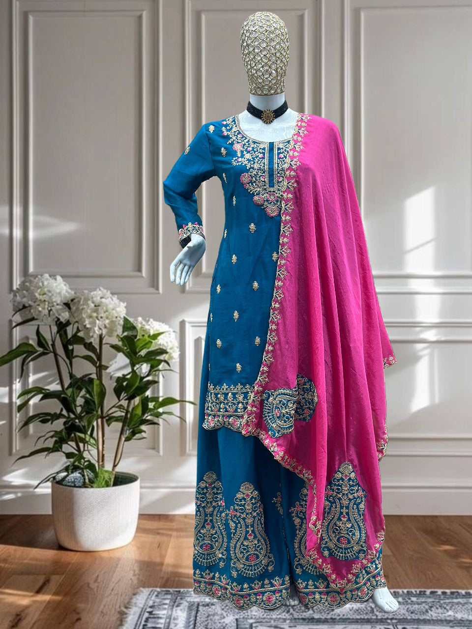 Nemesis Navy Blue Chinon Embroidery With Codding Work Suit Set
