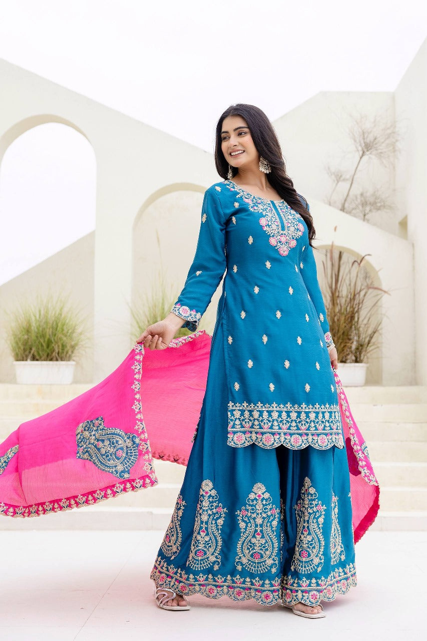 Nemesis Navy Blue Chinon Embroidery With Codding Work Suit Set