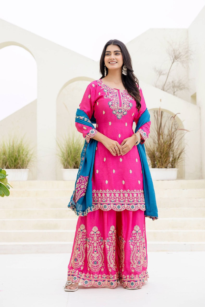 Epiphany Pink Chinon Embroidery With Codding Work Suit Set