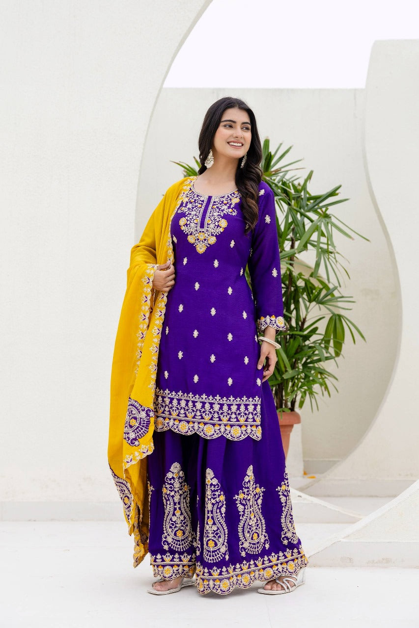 Lassitude Purple Chinon Embroidery With Codding Work Suit Set