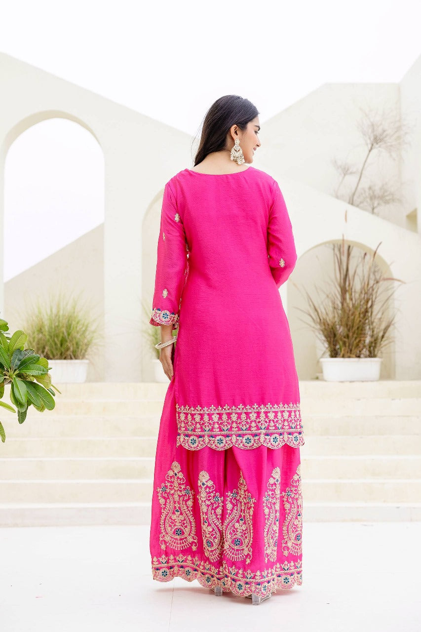 Epiphany Pink Chinon Embroidery With Codding Work Suit Set