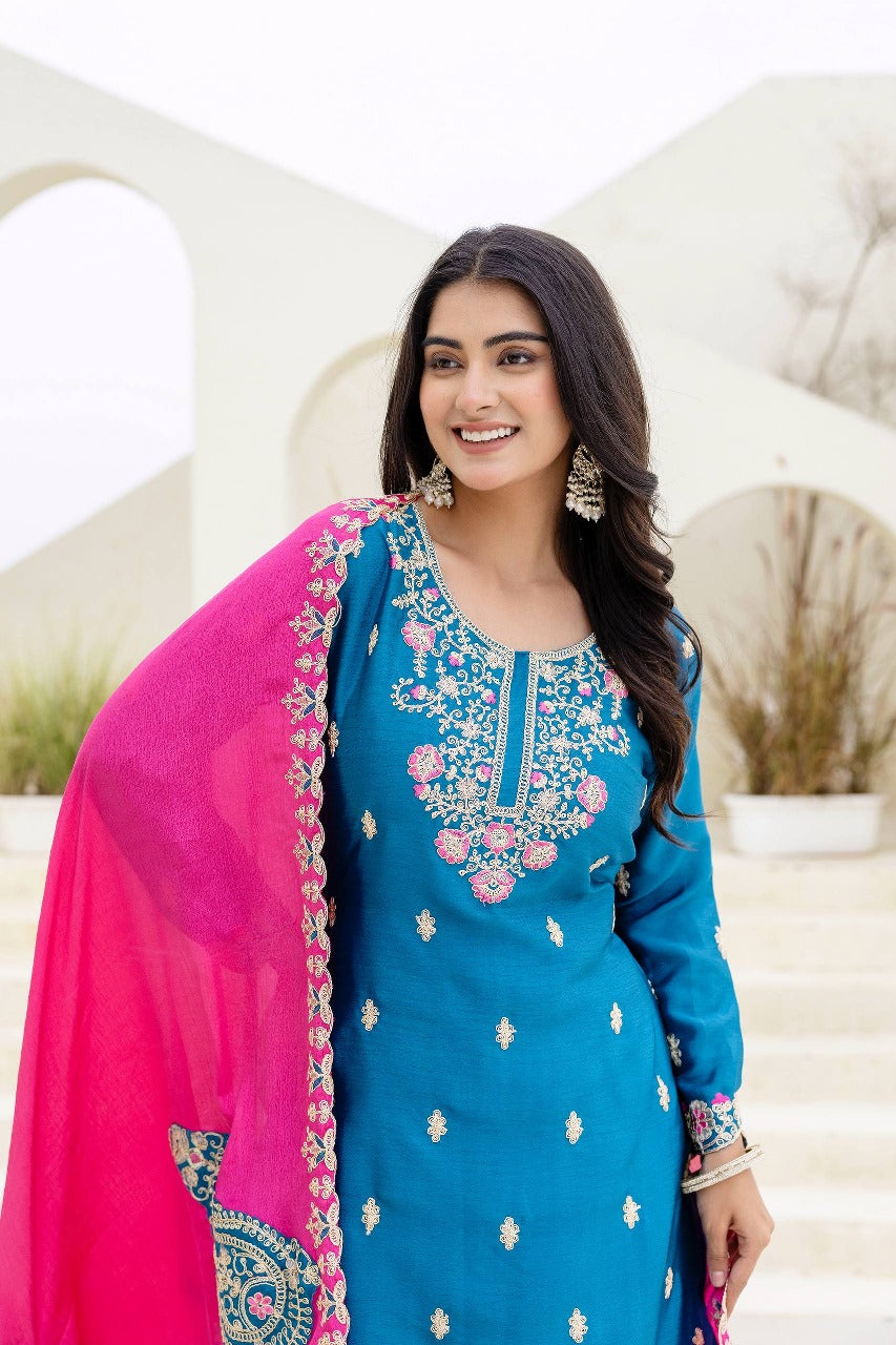 Nemesis Navy Blue Chinon Embroidery With Codding Work Suit Set