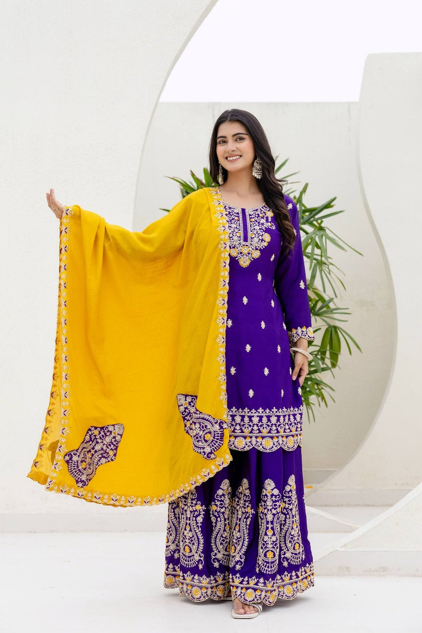 Lassitude Purple Chinon Embroidery With Codding Work Suit Set