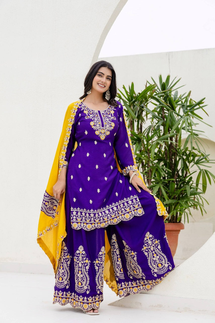 Lassitude Purple Chinon Embroidery With Codding Work Suit Set