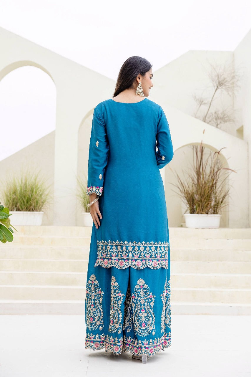 Nemesis Navy Blue Chinon Embroidery With Codding Work Suit Set