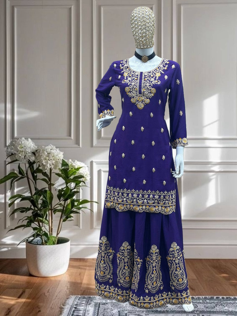 Lassitude Purple Chinon Embroidery With Codding Work Suit Set