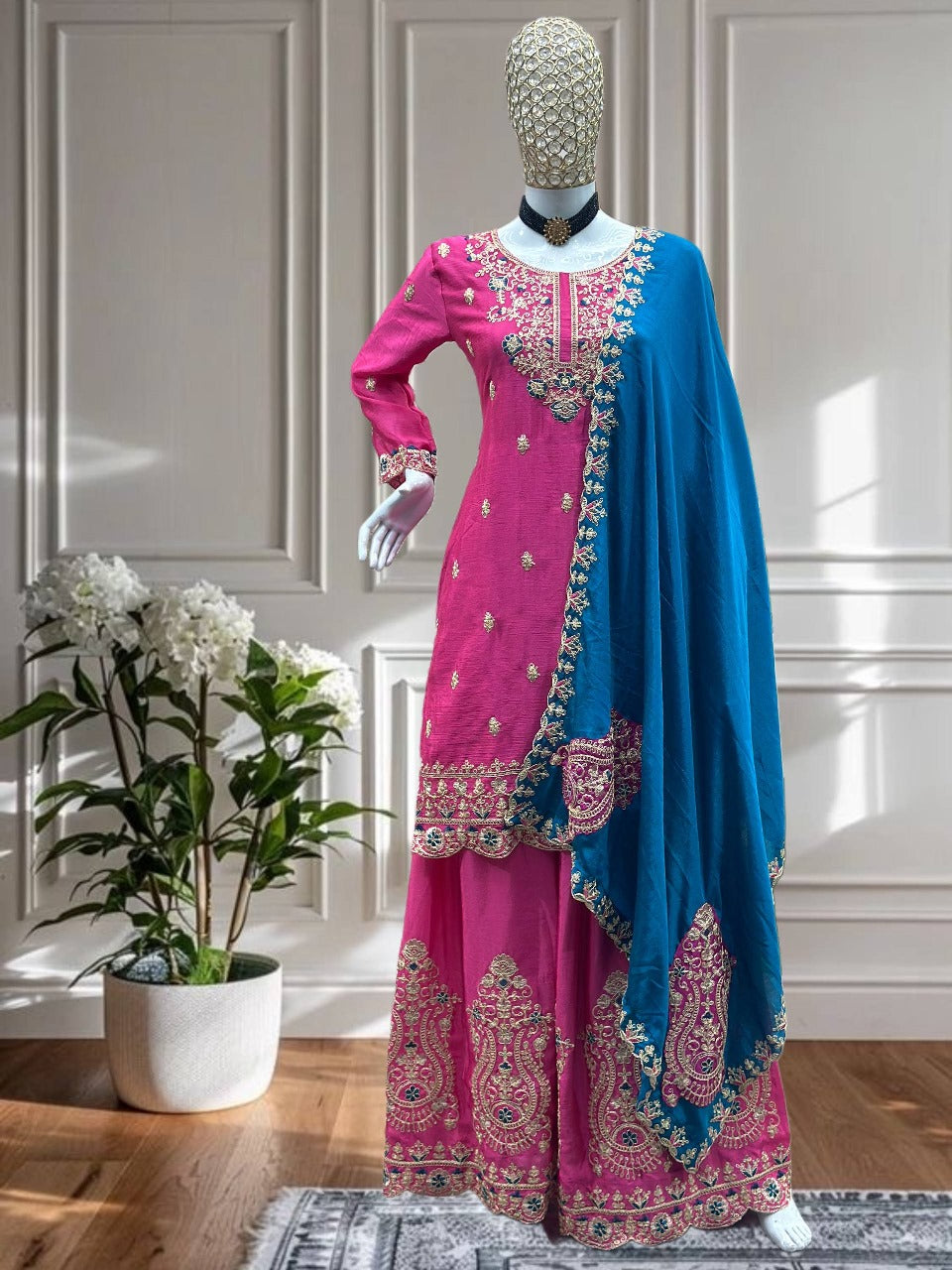 Epiphany Pink Chinon Embroidery With Codding Work Suit Set