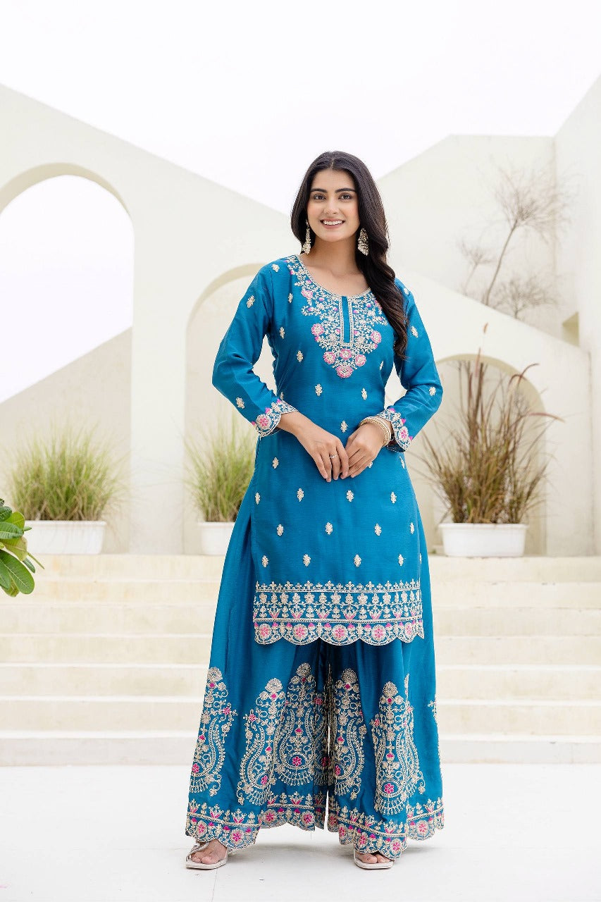 Nemesis Navy Blue Chinon Embroidery With Codding Work Suit Set