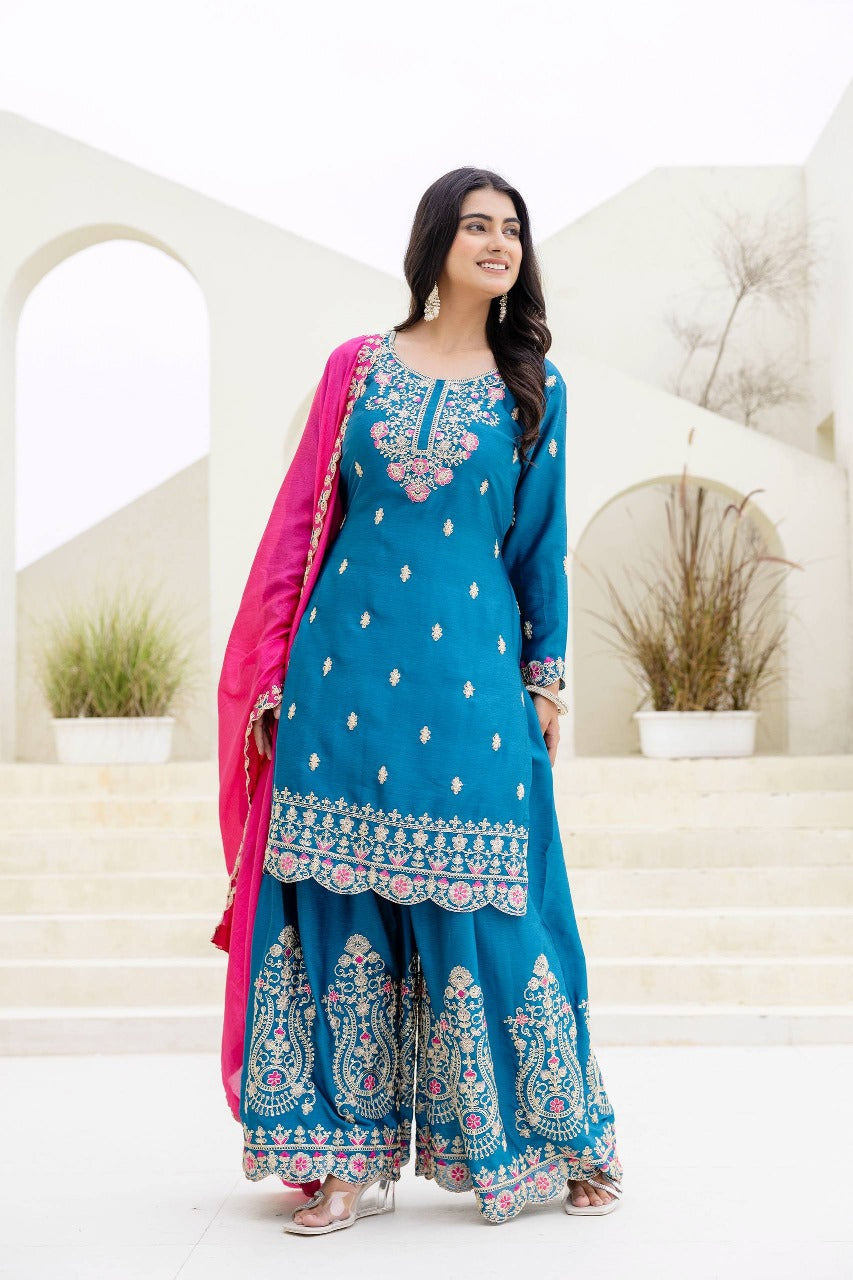 Nemesis Navy Blue Chinon Embroidery With Codding Work Suit Set