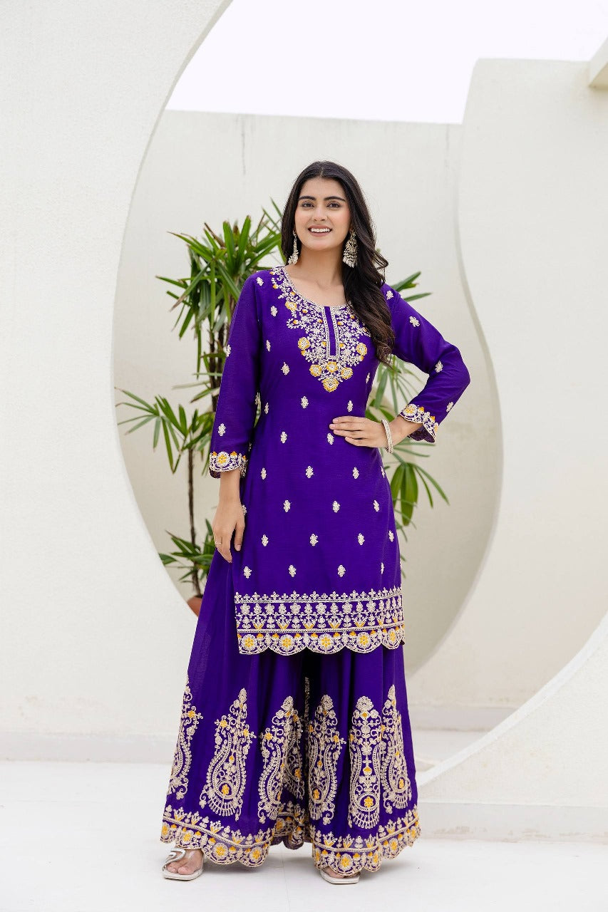 Lassitude Purple Chinon Embroidery With Codding Work Suit Set