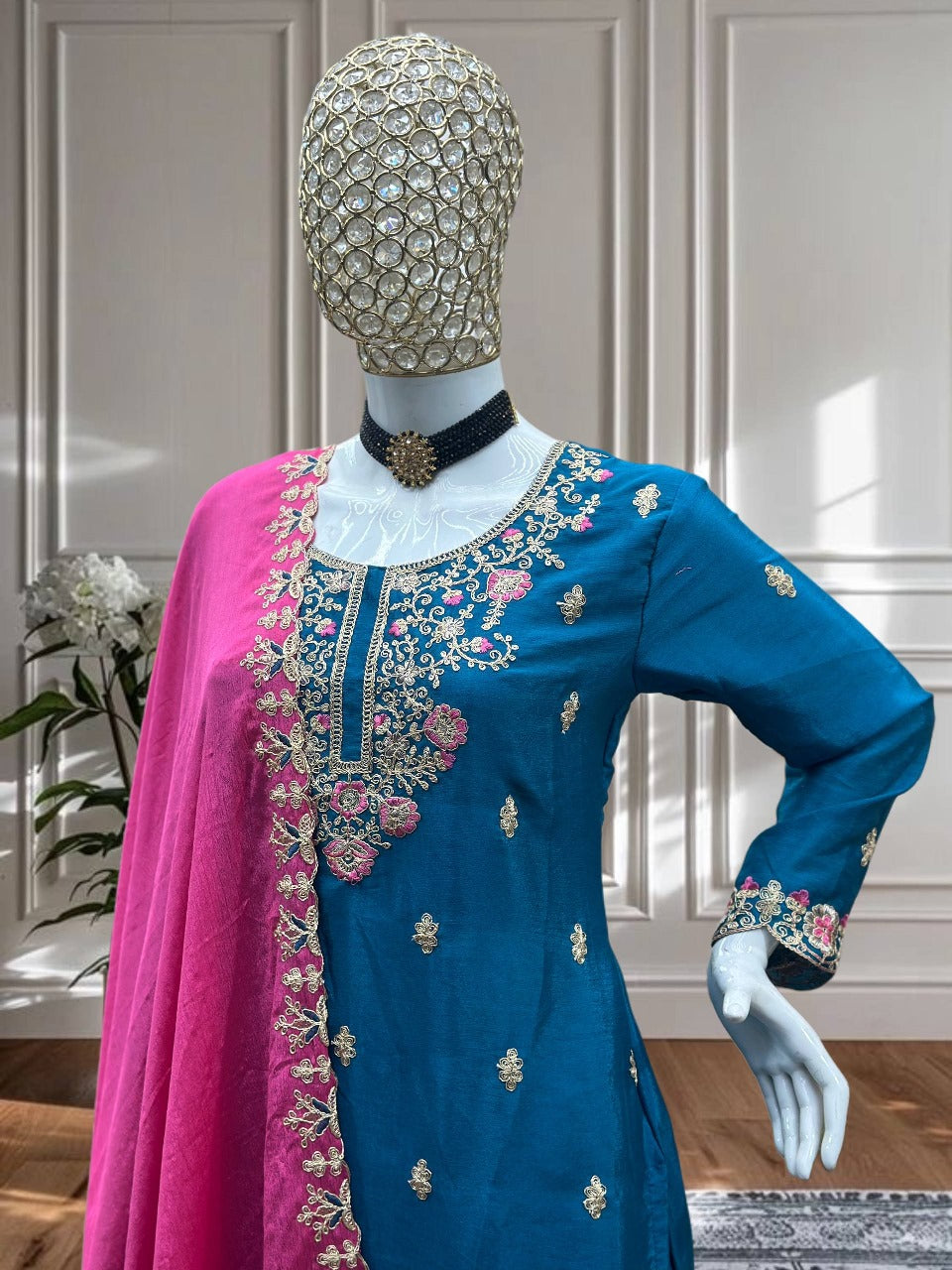 Nemesis Navy Blue Chinon Embroidery With Codding Work Suit Set