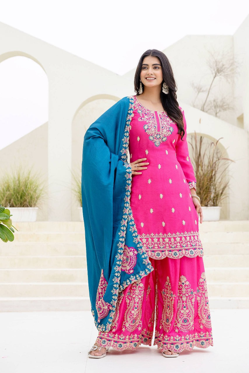 Epiphany Pink Chinon Embroidery With Codding Work Suit Set