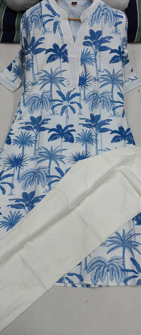 Intricate Blue Rayon Digital print kurti set