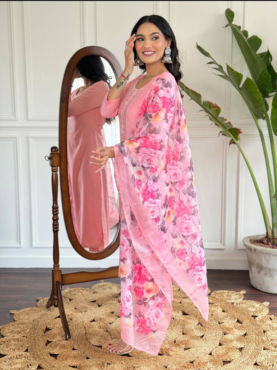 Engrossing Baby Pink Rayon Slub Embroidery Suit Set