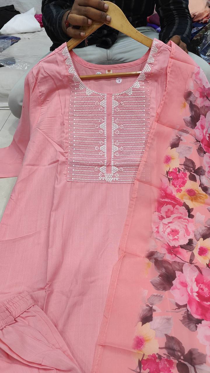 Engrossing Baby Pink Rayon Slub Embroidery Suit Set