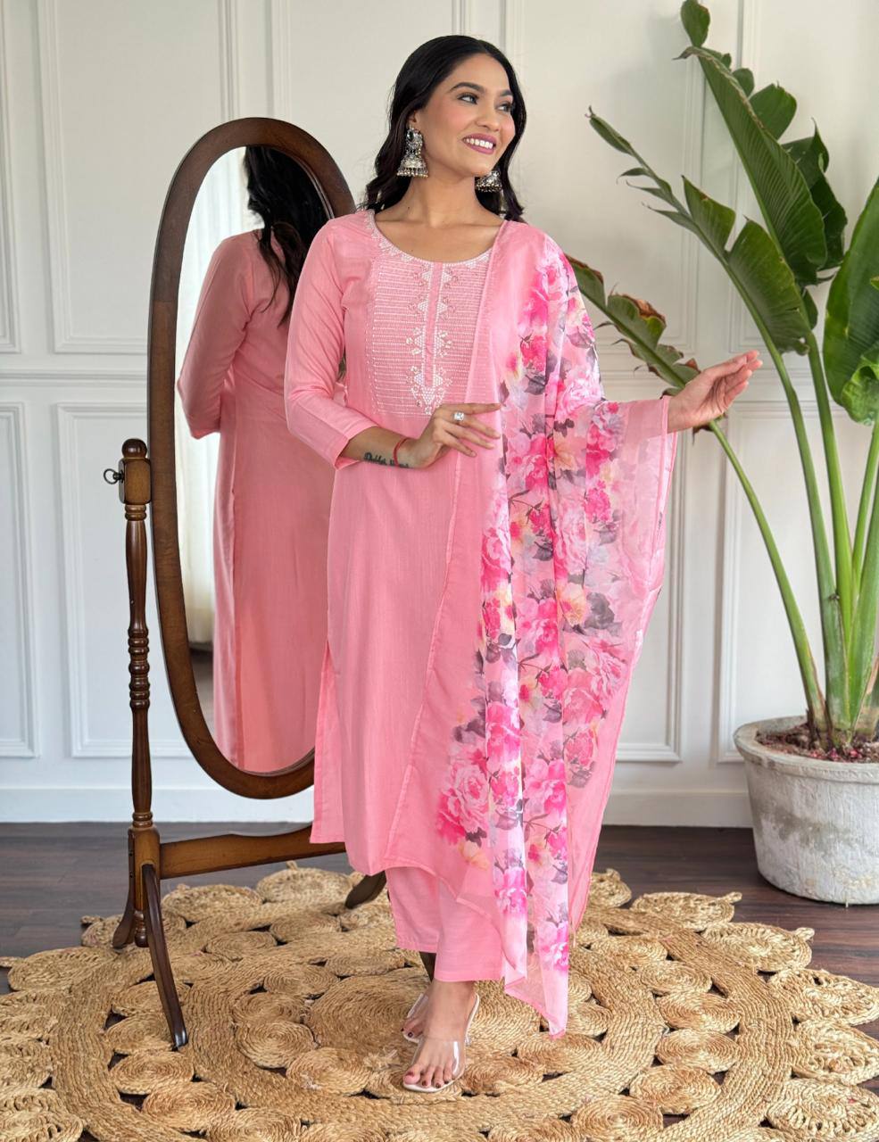 Engrossing Baby Pink Rayon Slub Embroidery Suit Set