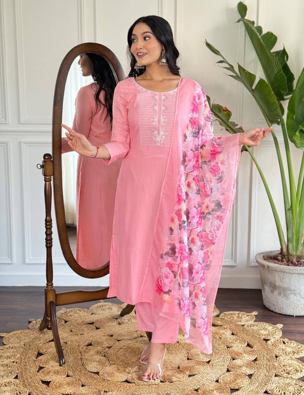 Engrossing Baby Pink Rayon Slub Embroidery Suit Set