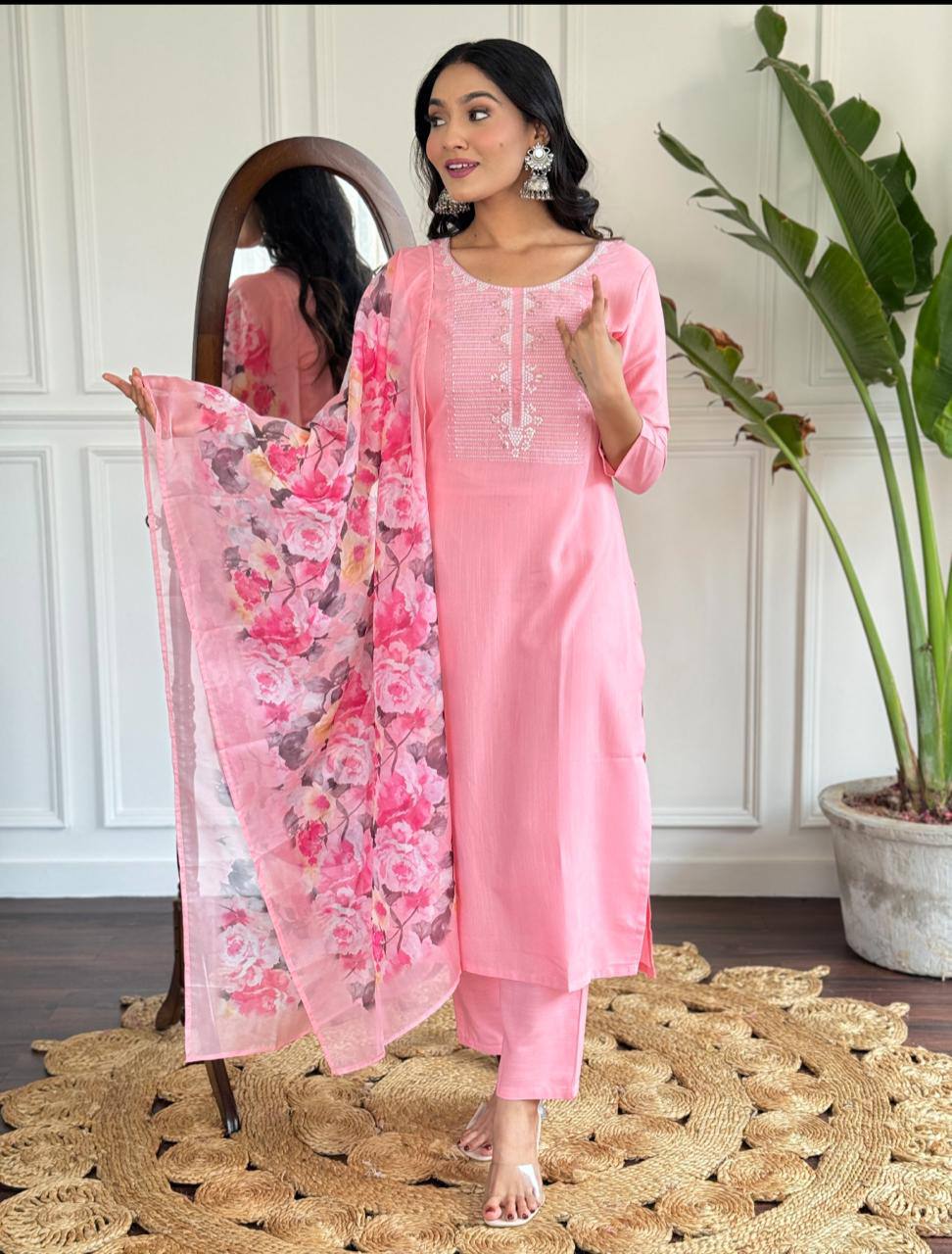 Engrossing Baby Pink Rayon Slub Embroidery Suit Set