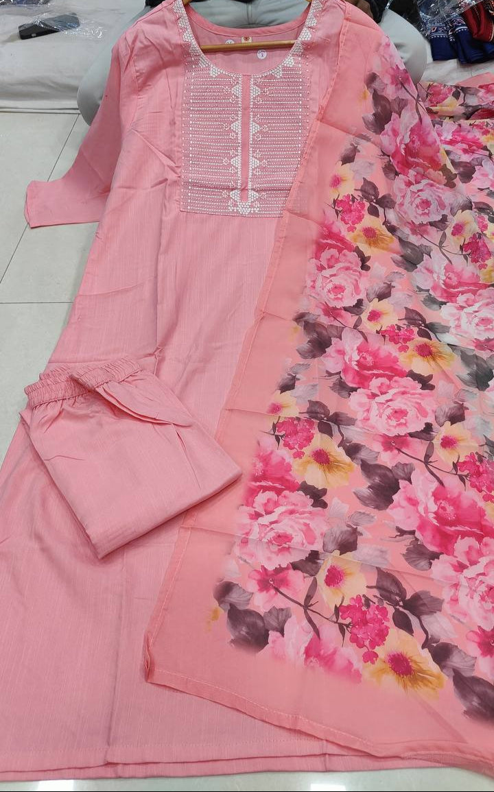 Engrossing Baby Pink Rayon Slub Embroidery Suit Set
