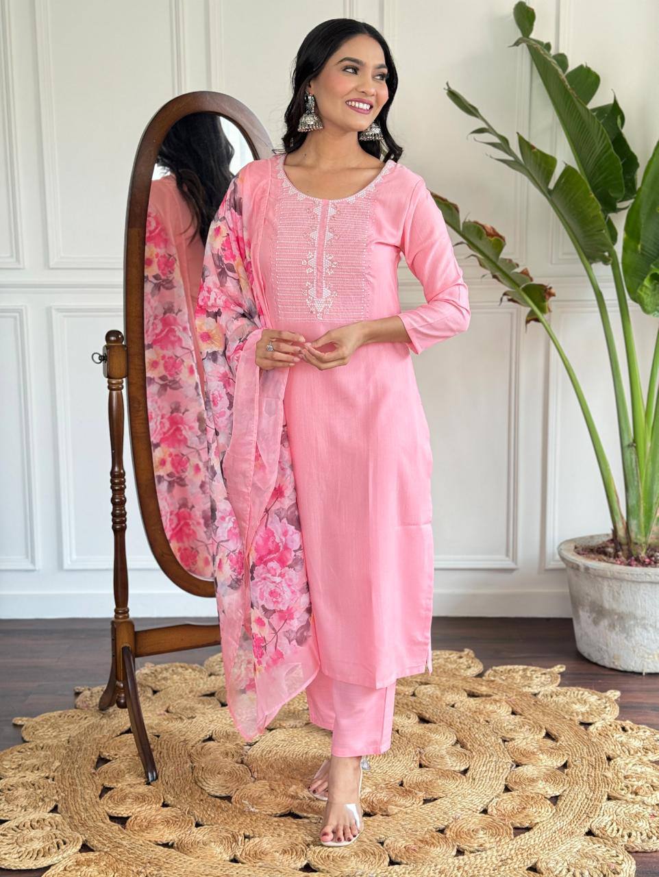 Engrossing Baby Pink Rayon Slub Embroidery Suit Set