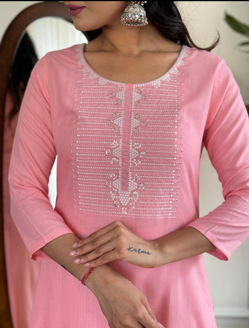 Engrossing Baby Pink Rayon Slub Embroidery Suit Set