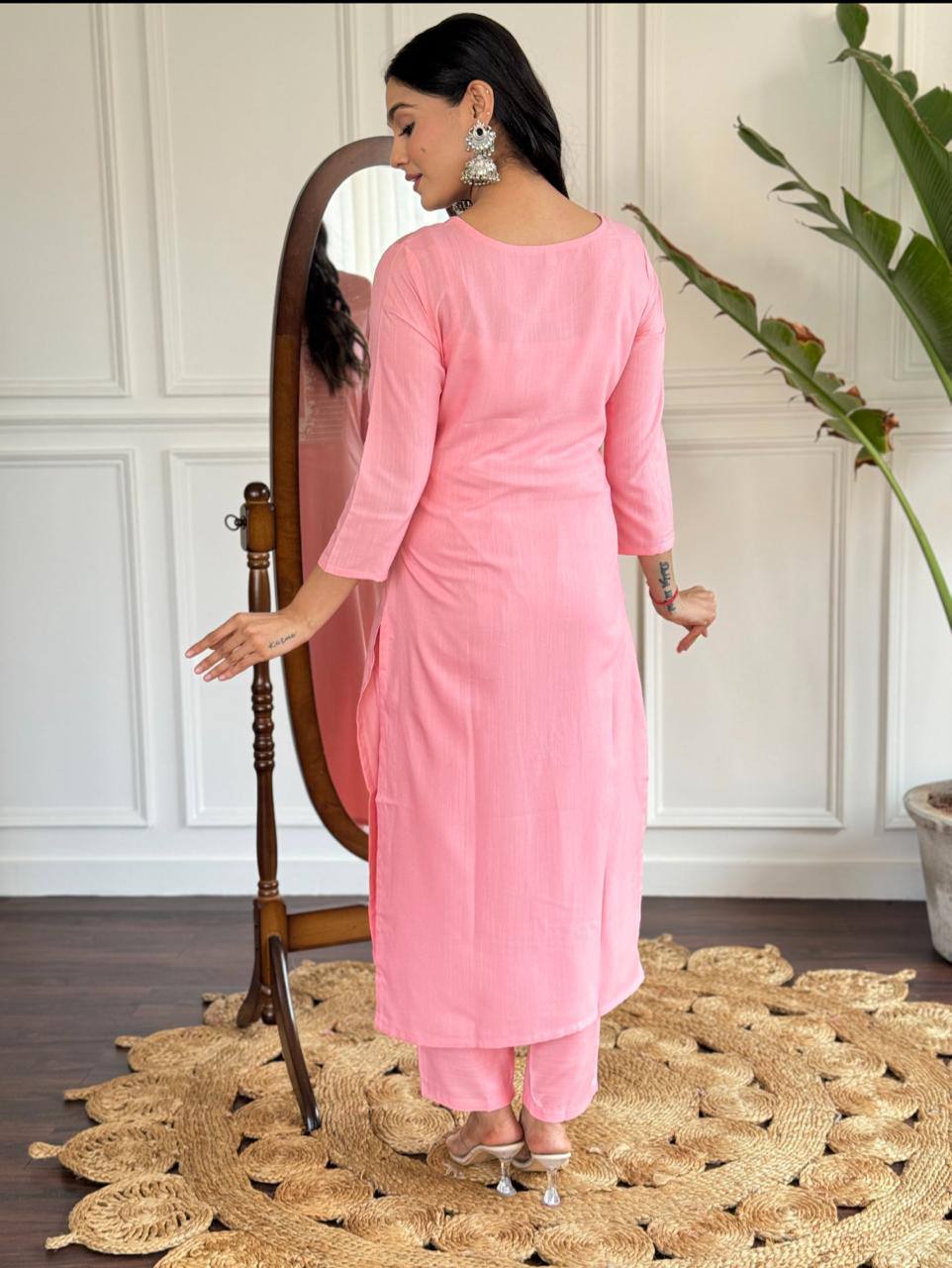 Engrossing Baby Pink Rayon Slub Embroidery Suit Set