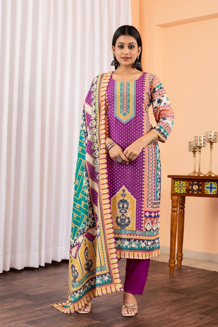 Groovy Purple Maslin Digital Print Suit Set