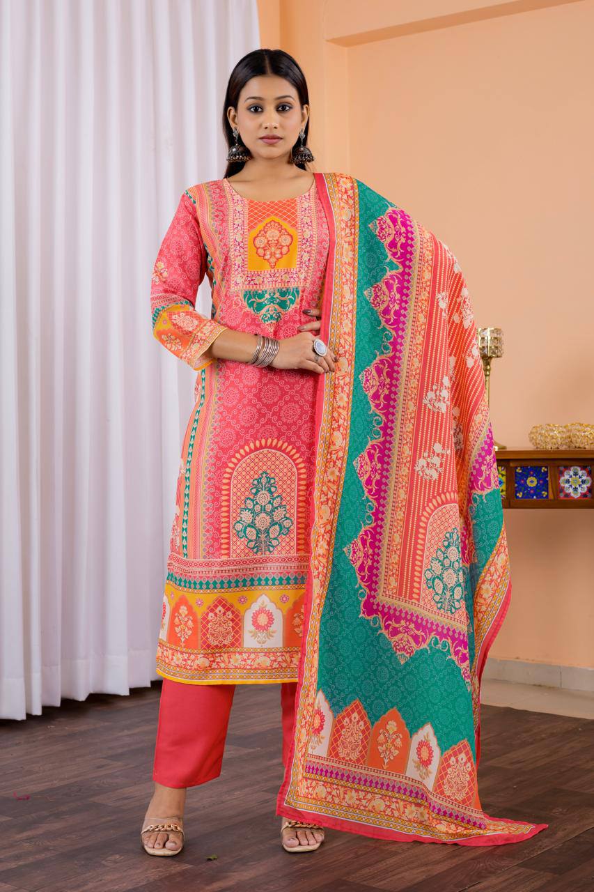 Engaging Red Maslin Digital Print Suit Set