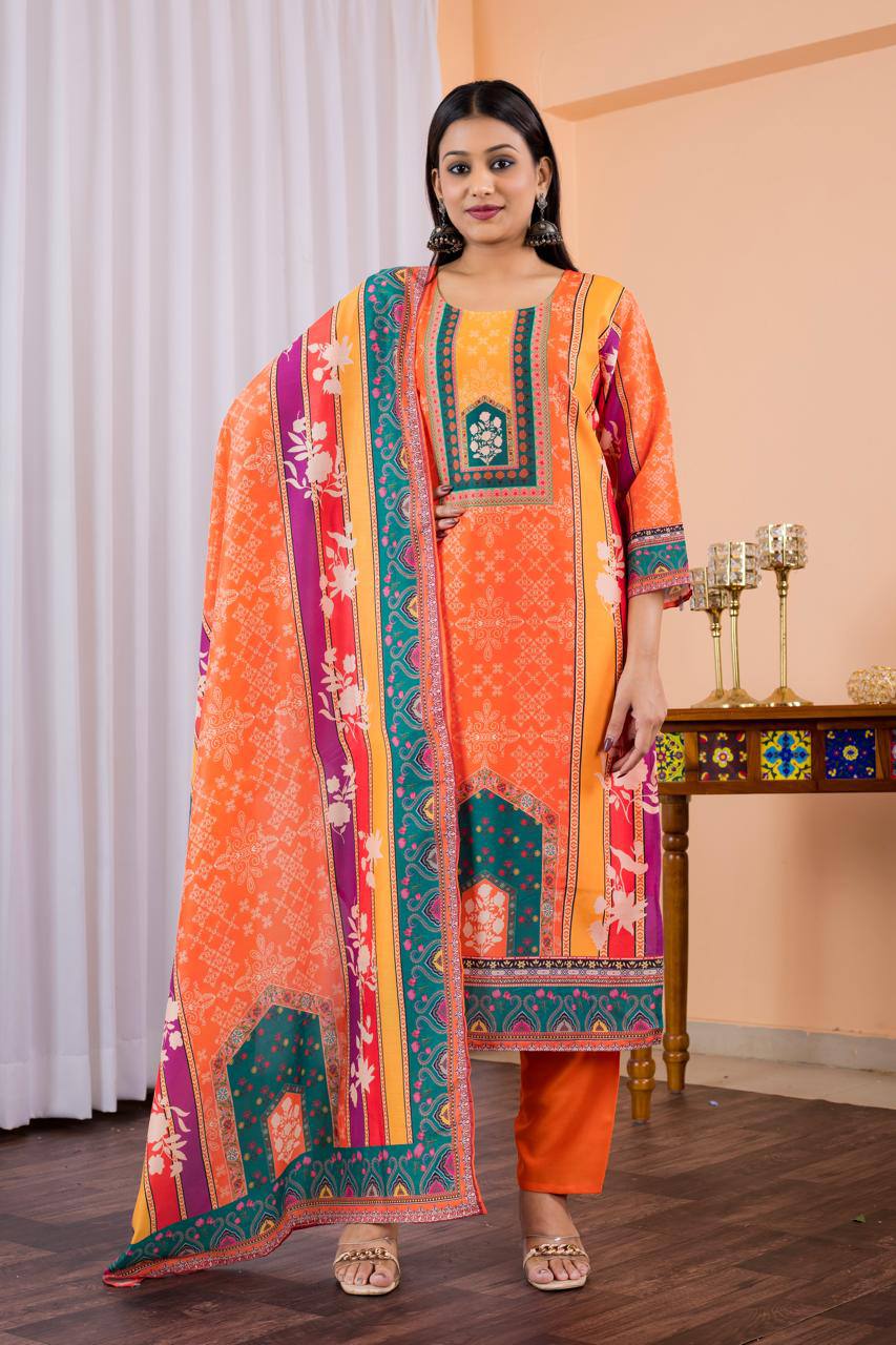 Sumptuous Orange Maslin Digital Print Suit Set