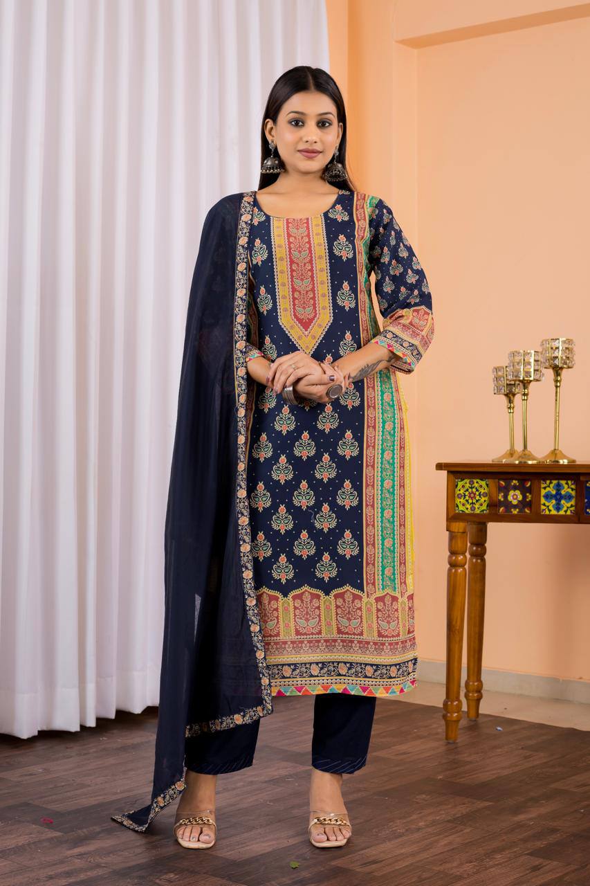 Exuberant Blue Maslin Digital Print Suit Set