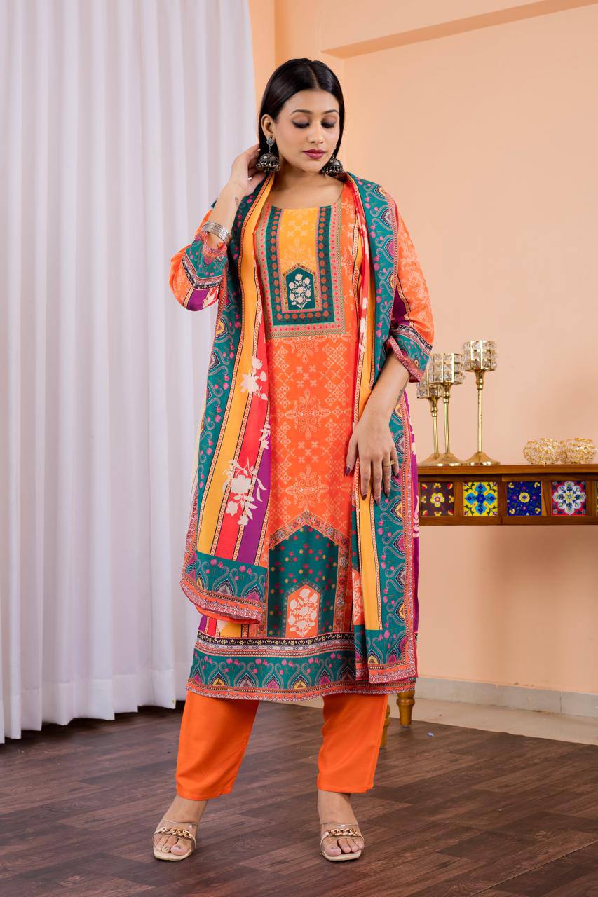Sumptuous Orange Maslin Digital Print Suit Set