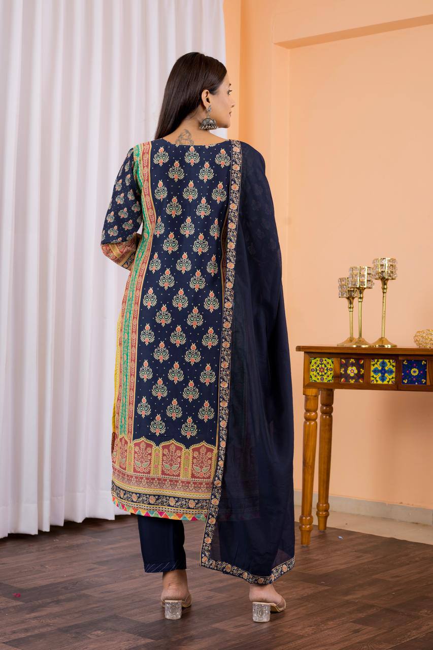 Exuberant Blue Maslin Digital Print Suit Set