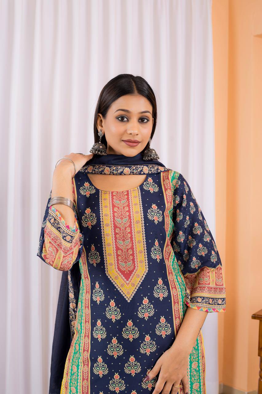 Exuberant Blue Maslin Digital Print Suit Set