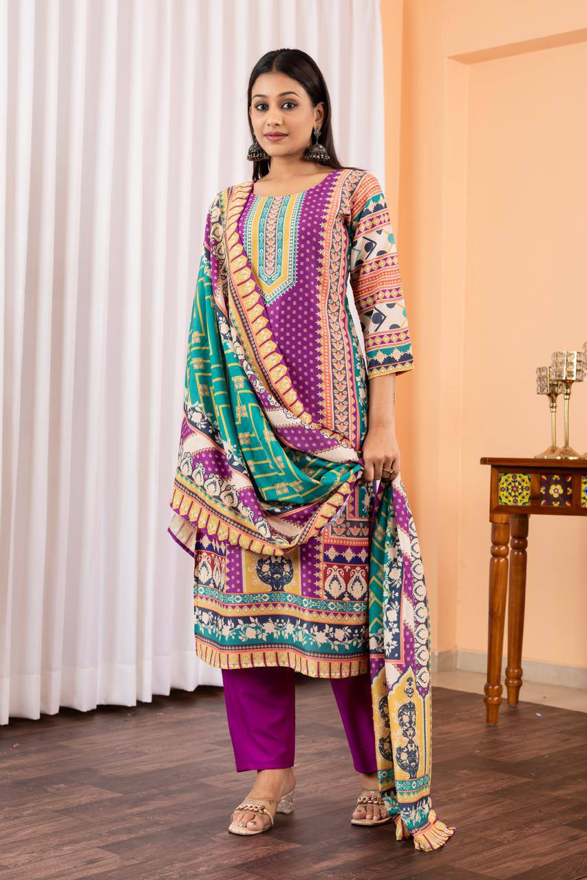 Groovy Purple Maslin Digital Print Suit Set