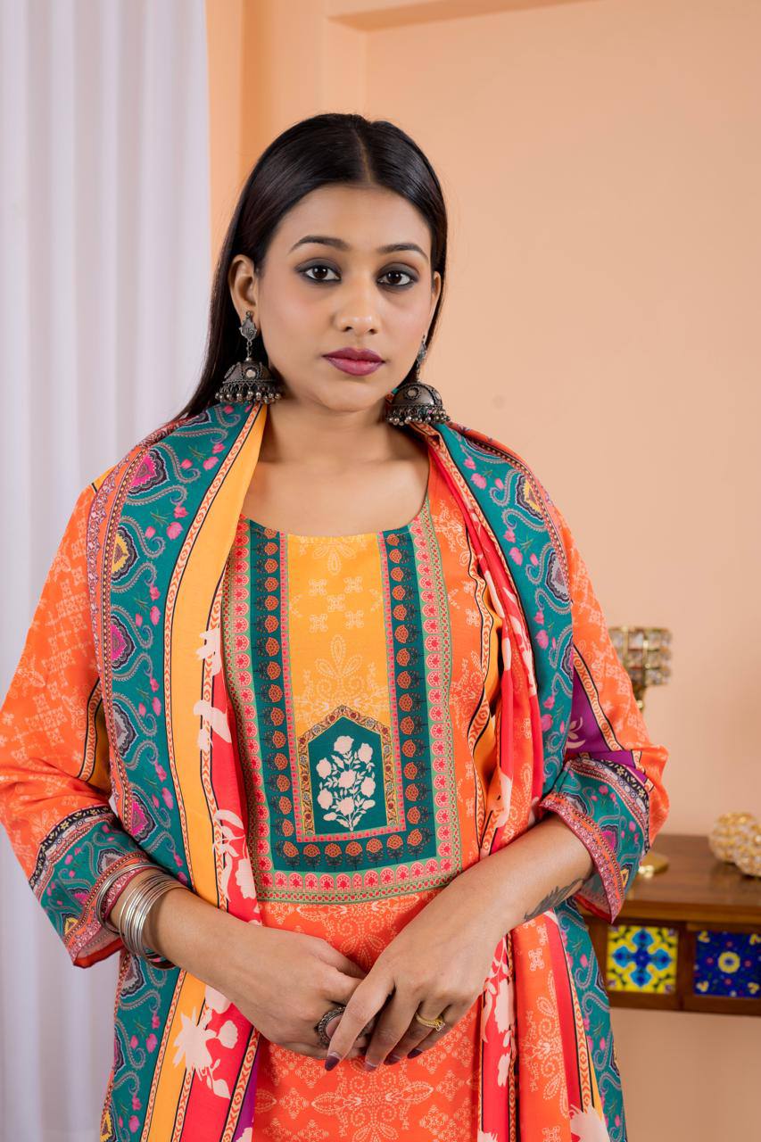 Sumptuous Orange Maslin Digital Print Suit Set