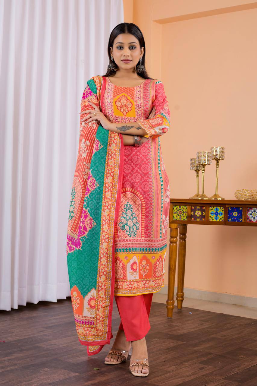 Engaging Red Maslin Digital Print Suit Set