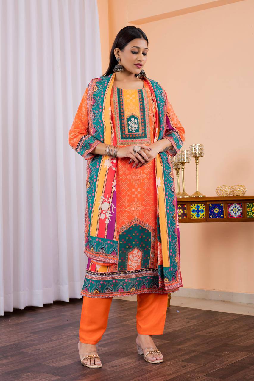 Sumptuous Orange Maslin Digital Print Suit Set