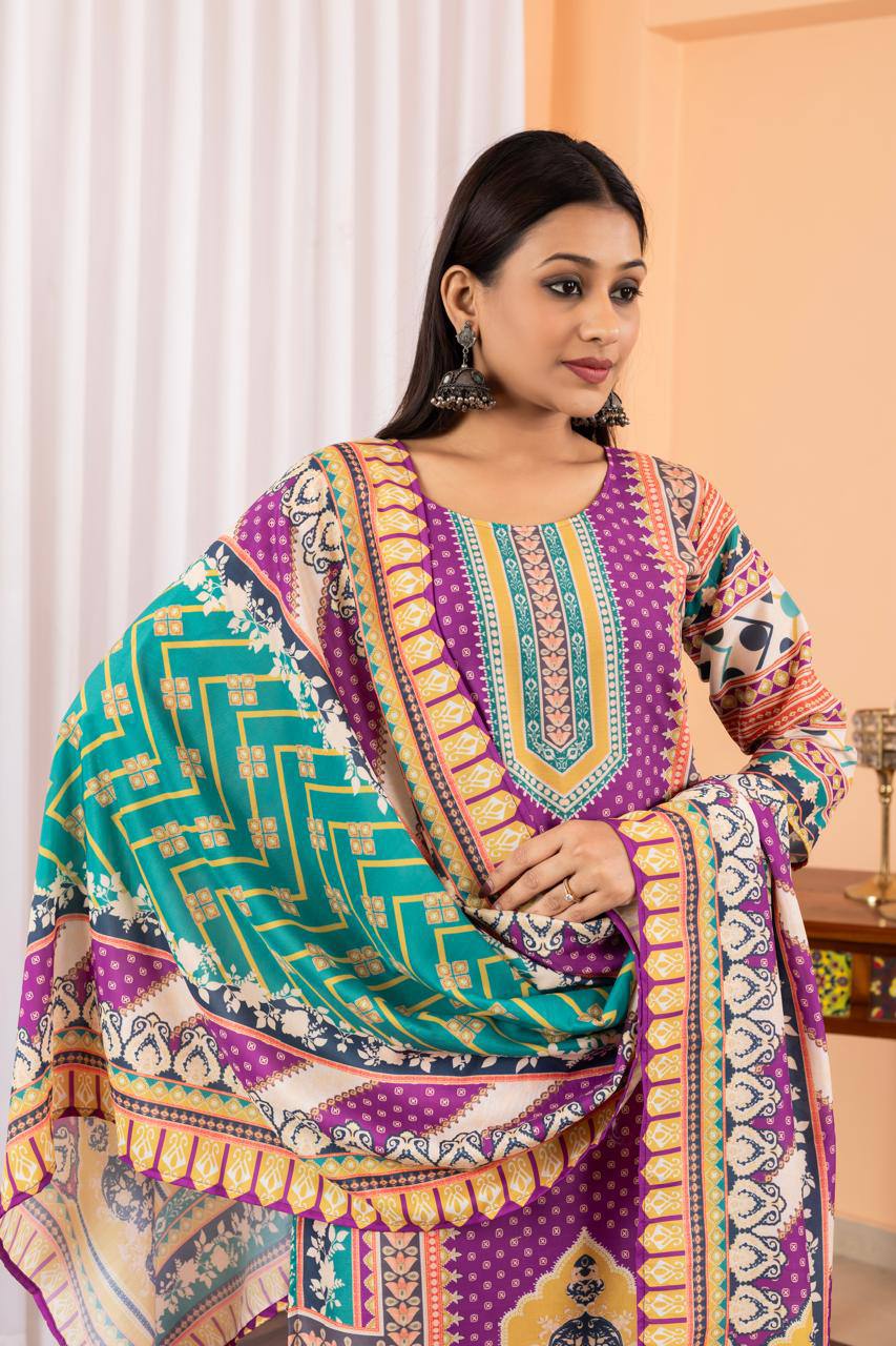 Groovy Purple Maslin Digital Print Suit Set