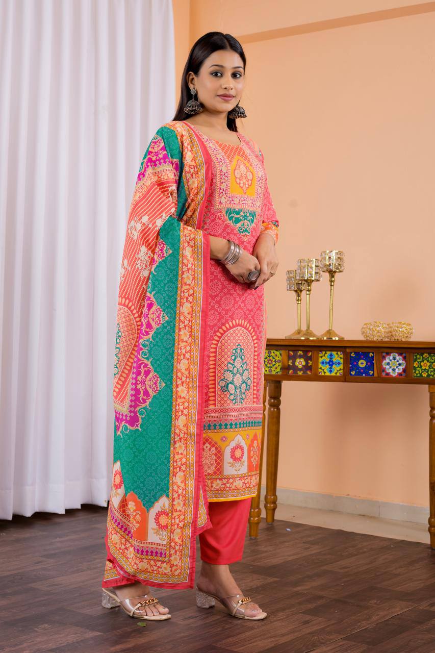 Engaging Red Maslin Digital Print Suit Set