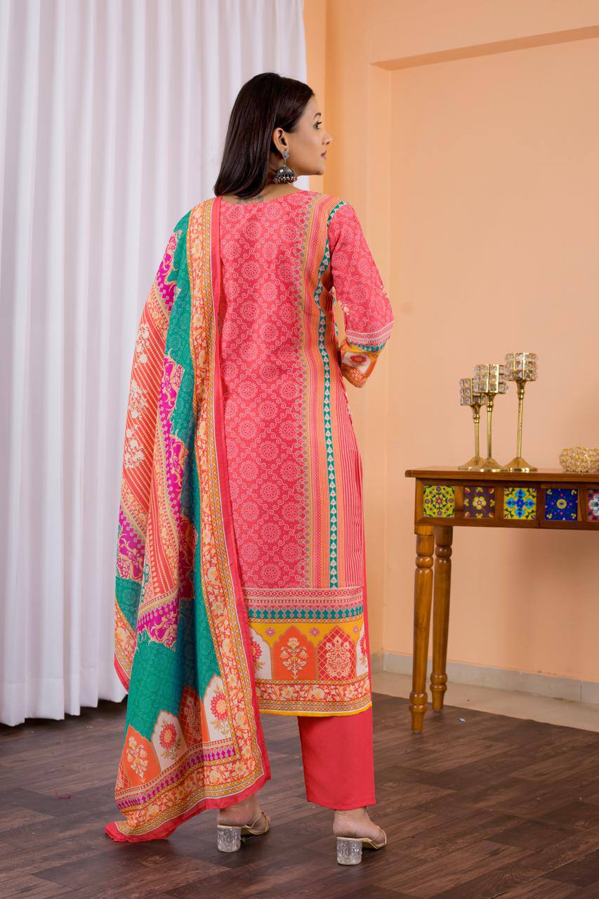 Engaging Red Maslin Digital Print Suit Set
