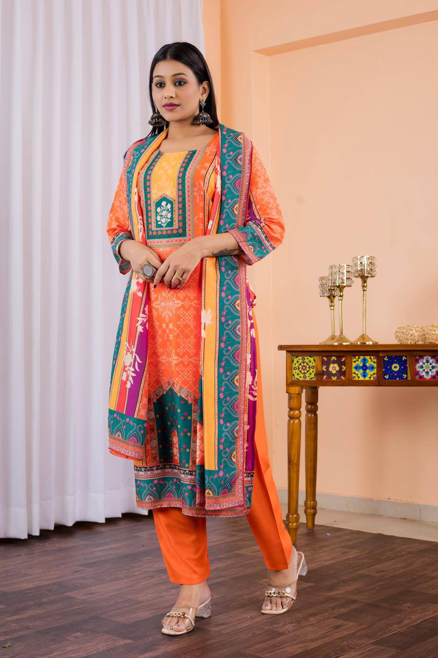 Sumptuous Orange Maslin Digital Print Suit Set