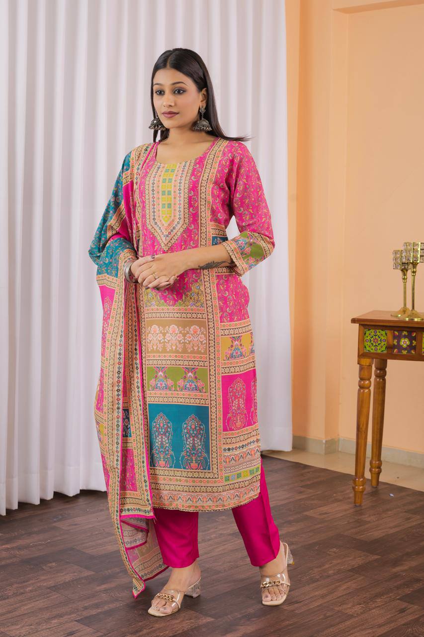Confounding Pink Maslin Digital Print Suit Set