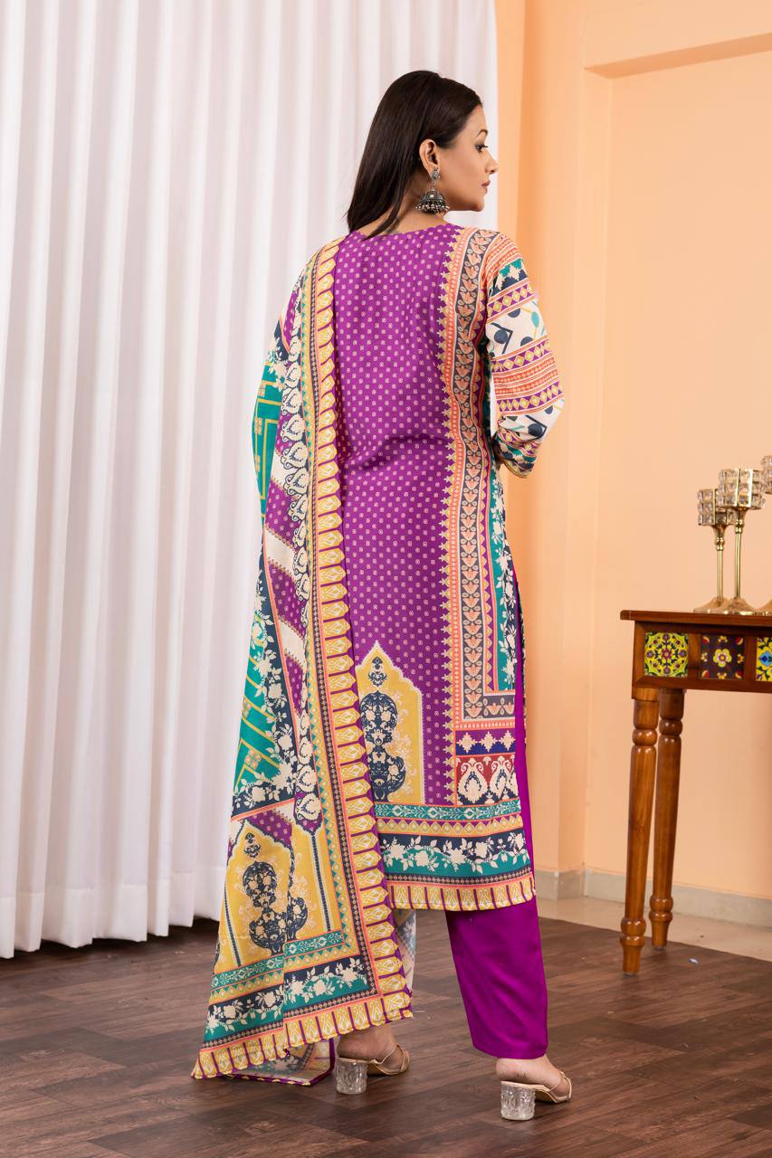 Groovy Purple Maslin Digital Print Suit Set