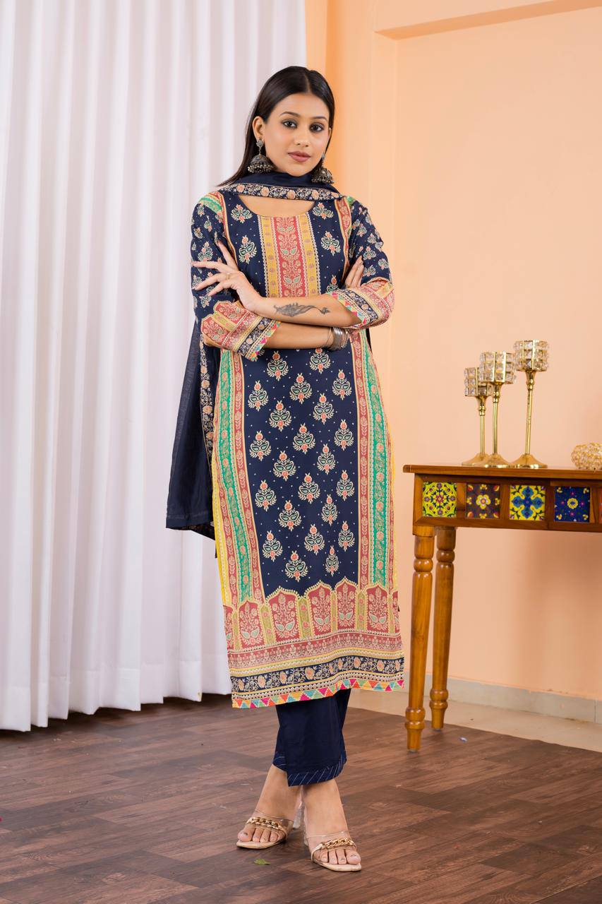 Exuberant Blue Maslin Digital Print Suit Set