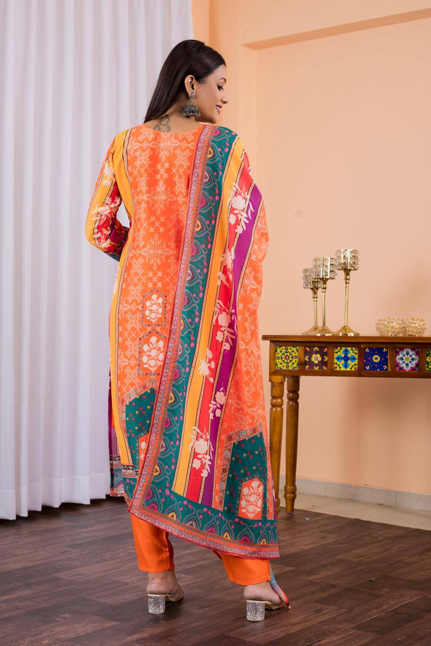 Sumptuous Orange Maslin Digital Print Suit Set