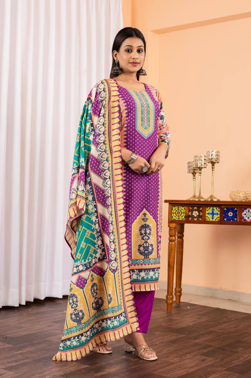 Groovy Purple Maslin Digital Print Suit Set