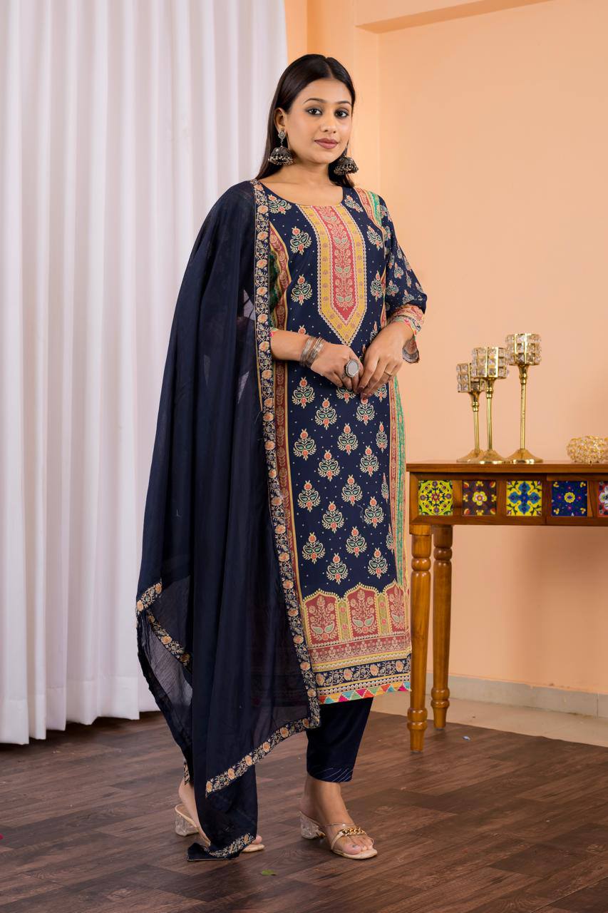 Exuberant Blue Maslin Digital Print Suit Set