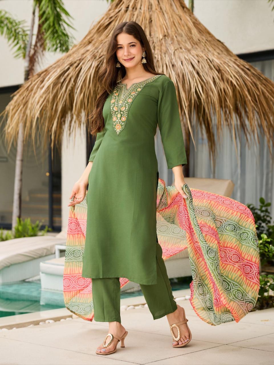 Mesmeric Mehandi Rayon Embroidery Work Suit Set